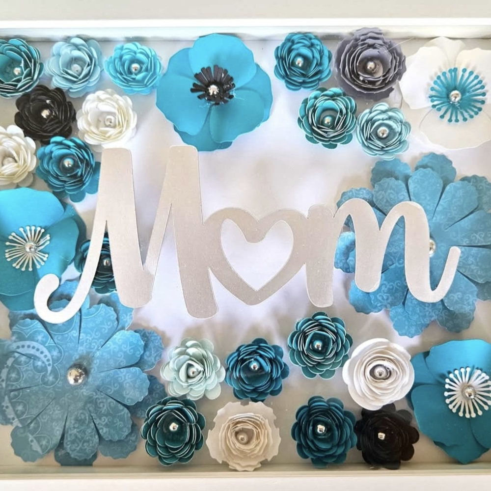 Floral 'Mom' Shadow Box Wall Art in Blue and White